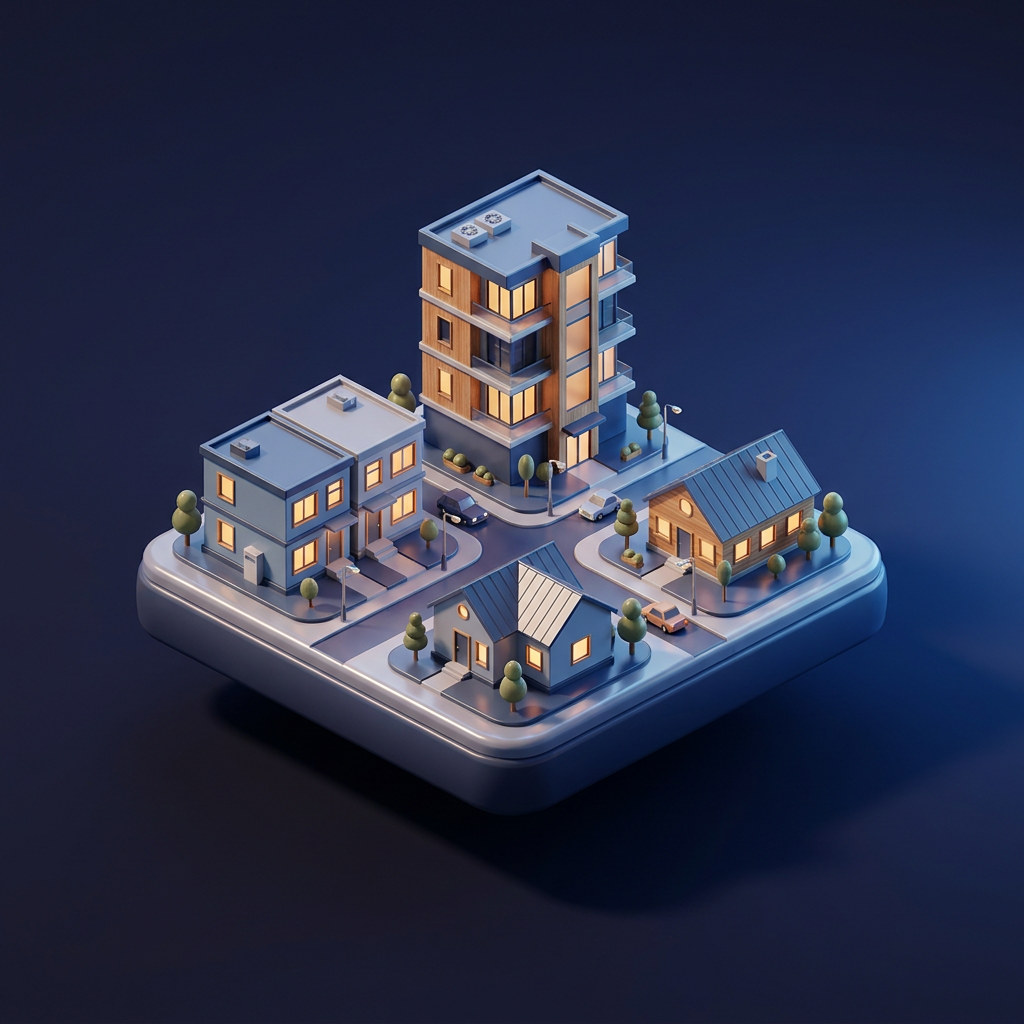 3D isometric render of a small neighborhood of managed properties